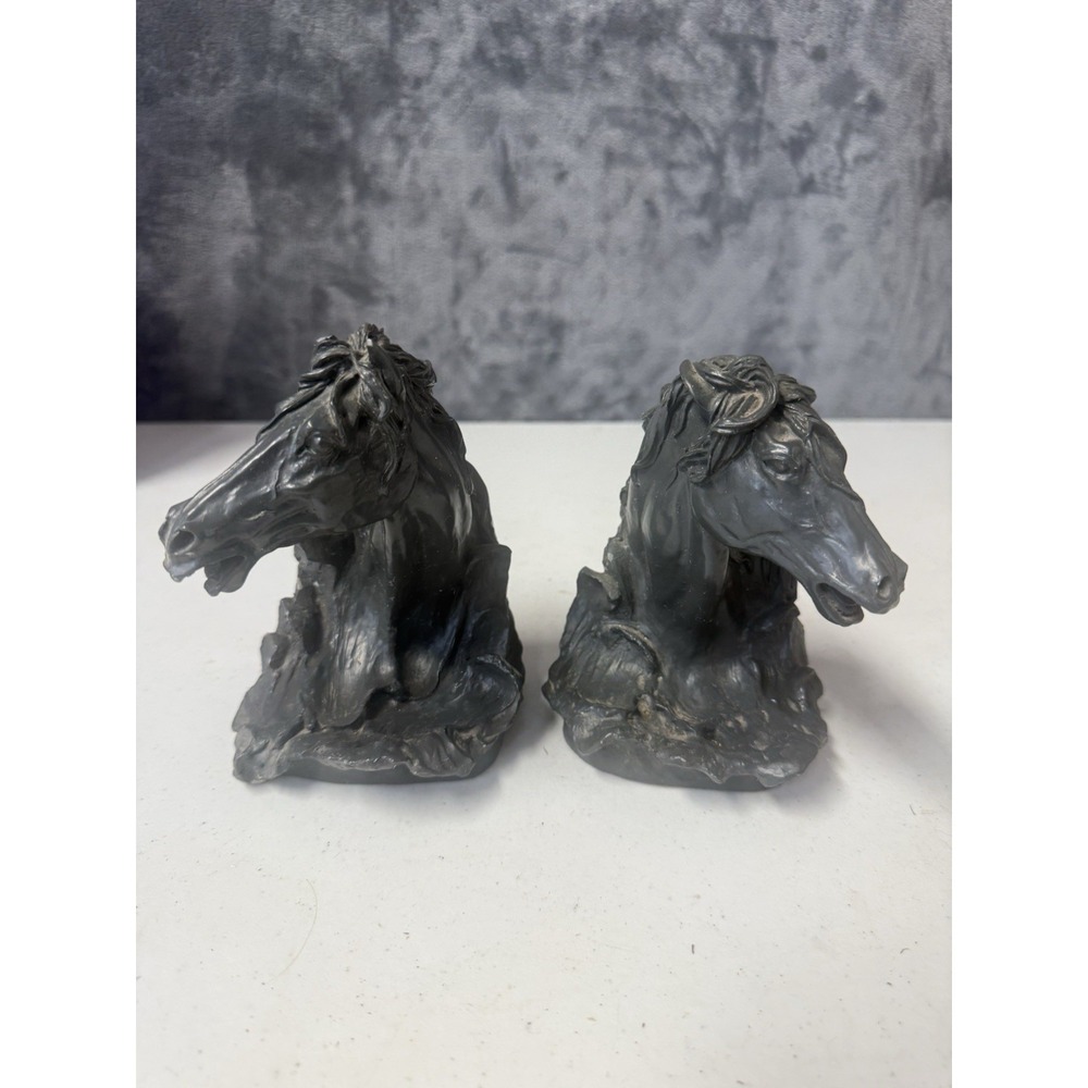 Equestrian Horse Head Bookends Carved Faux Grey Slate Stone Figurine